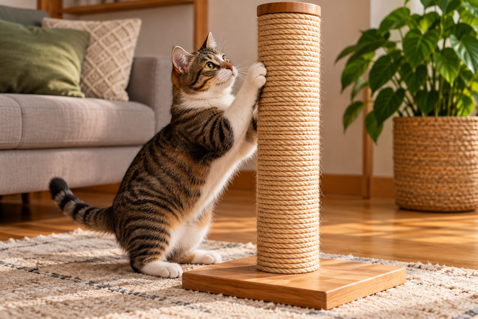 Gato usando arranhador revestido com corda de sisal